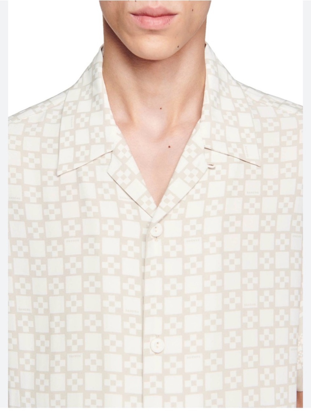 Sandro Cream Geometric-Check Camp Collar Shirt